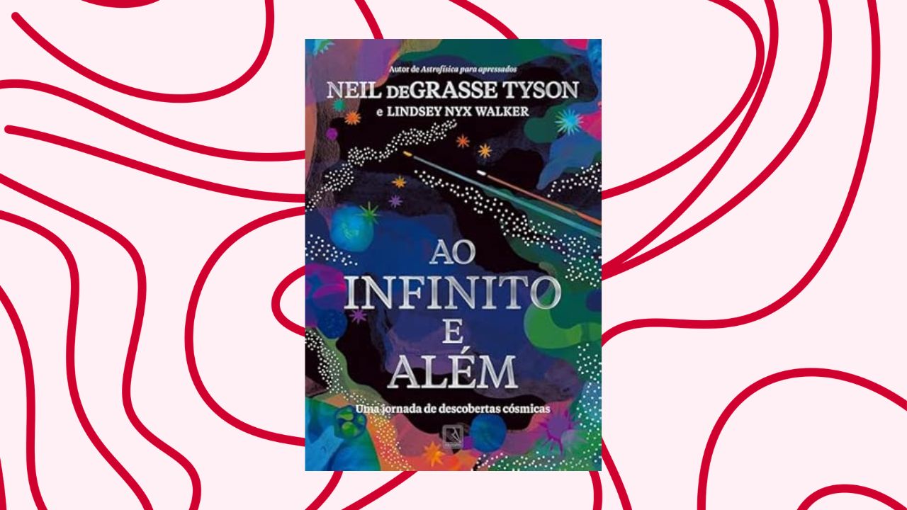 Capa do livro "Ao infinito e além", do físico Neil deGrasse Tyson. Linhas vermelhas compõem o fundo da imagem.