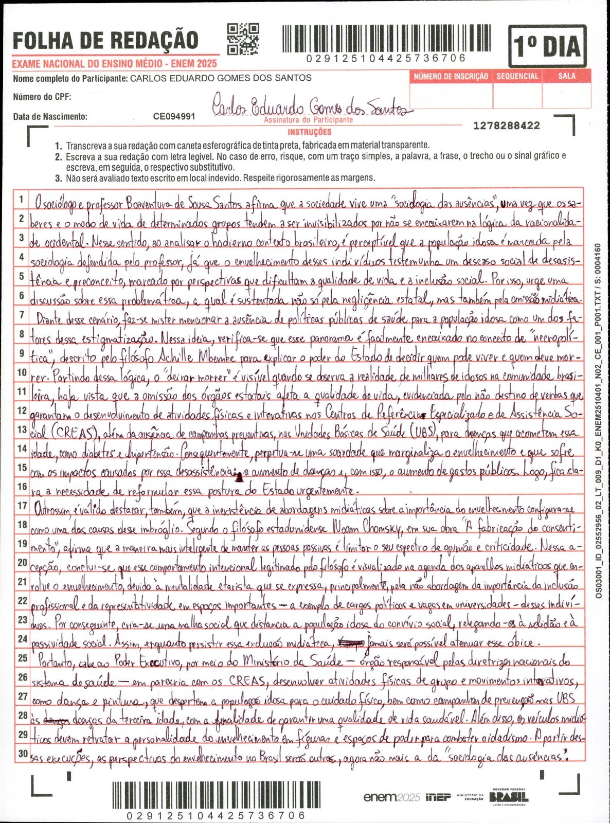 Reda&ccedil;&atilde;o nota mil no Enem 2025 do candidato Carlos Eduardo