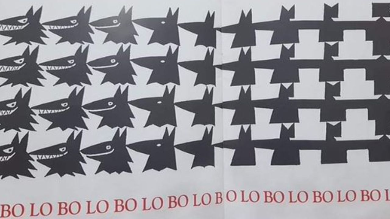 Página do livro "Chapeuzinho amarelo", na qual está escrito "LOBO LOBO LOBO LOBO".