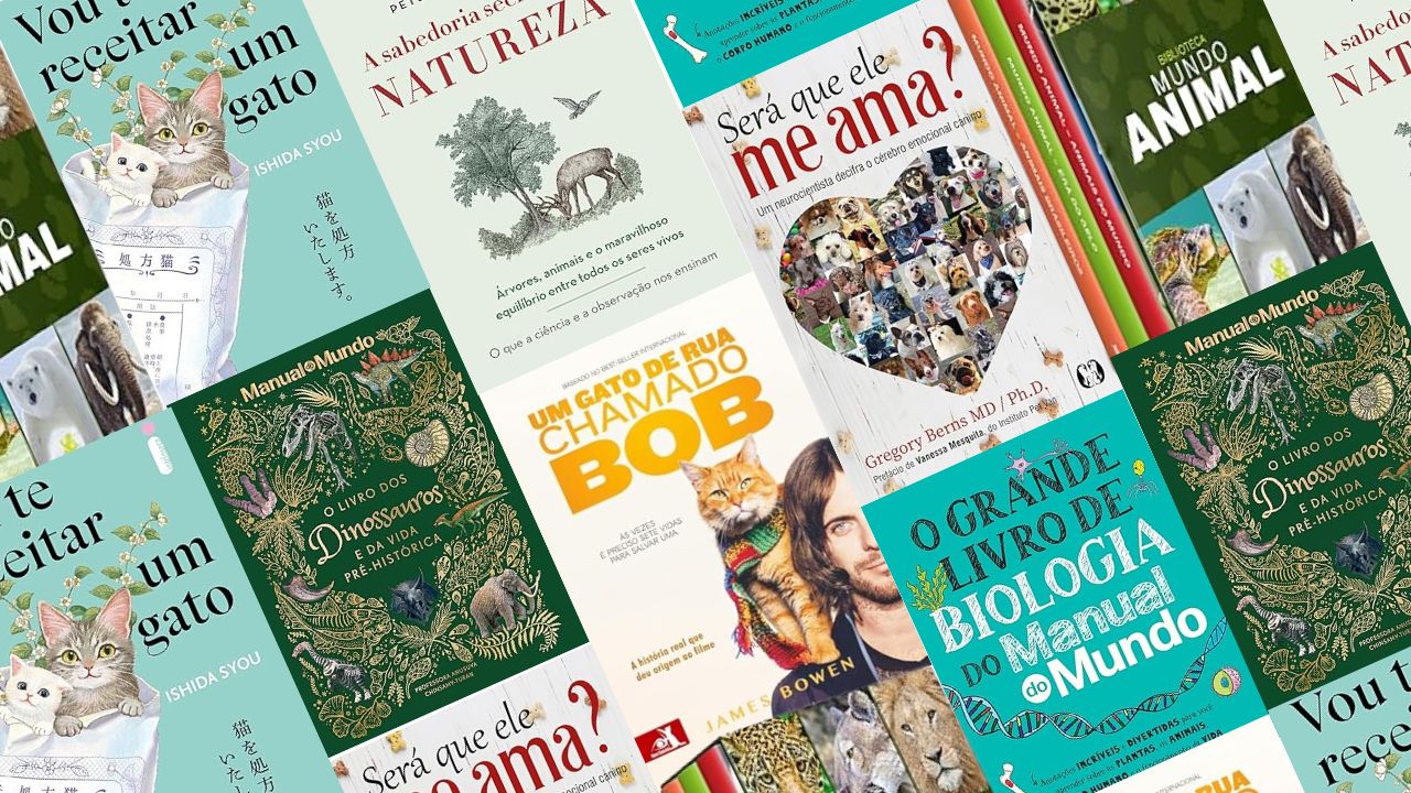 Uma colagem de capas de livros com temas de animais e natureza. As cores predominantes são verde, branco e turquesa, com imagens de gatos, árvores e dinossauros.