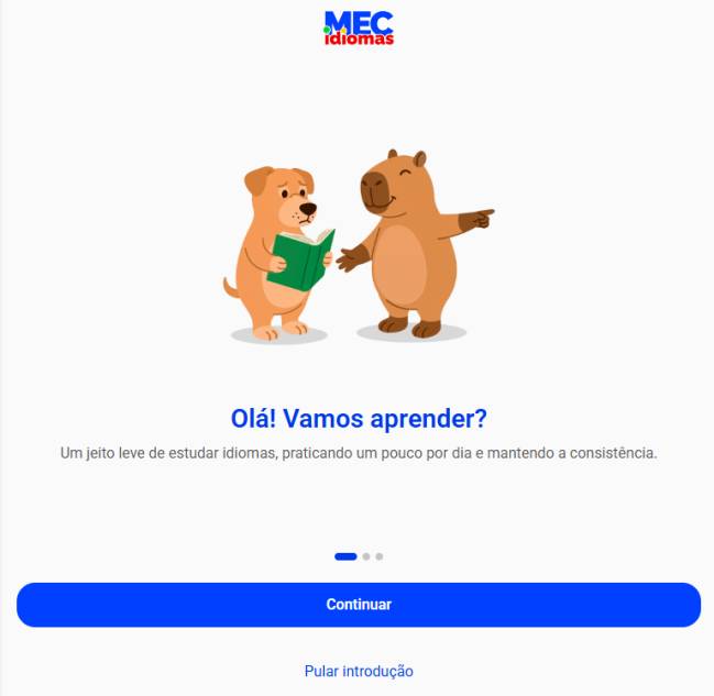 mec idiomas Cachorro marrom lendo um livro verde ao lado de uma capivara sorridente apontando para a direita, com o logo MEC Idiomas acima. Abaixo, o texto