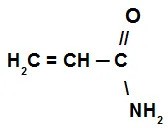F&oacute;rmula estrutural da acrilamida. A estrutura &eacute; H2C=CH-C(=O)-NH2