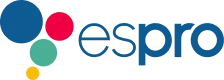 Logotipo da empresa Espro, com quatro círculos coloridos (azul, vermelho, verde-água, amarelo) à esquerda e o nome espro em azul à direita